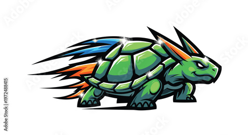 A dynamic green turtle with glowing highlights, sharp horn-like features, and fiery blue energy trails races swiftly, embodying exceptional speed and determination.
