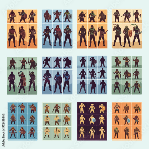 Collection of Fantasy Warrior Characters with Weapons and Shields.