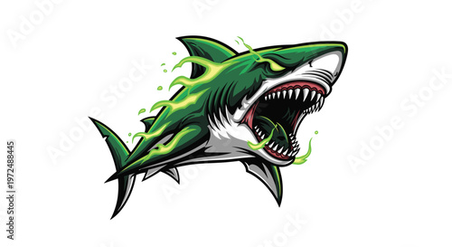 A menacing green shark, exhaling glowing green toxic fire from its mouth, displays razor-sharp teeth, embodying a dangerous, mutated sea monster with fiery breath.
