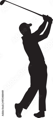 Golfer in the middle of a powerful swing on a sunny day silhouette vector icon