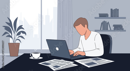 Man Working on Laptop at Home Office Desk with Coffee and Documents Flat 2D Concept