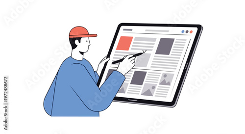 Man Editing Digital News Content on Tablet Flat 2D Illustration