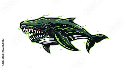 A menacing dark whale, emanating glowing green toxic fumes from its mouth and body, displays razor-sharp teeth, embodying a dangerous, mutated sea monster.