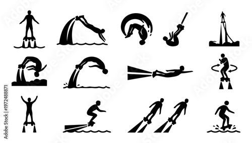 Water Sports Silhouette Icon Set – Flyboard, Diving, Jet Ski and Extreme Water Activities
