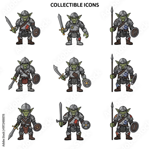 Collectible Icons of Ferocious Goblin Warriors in Armor.