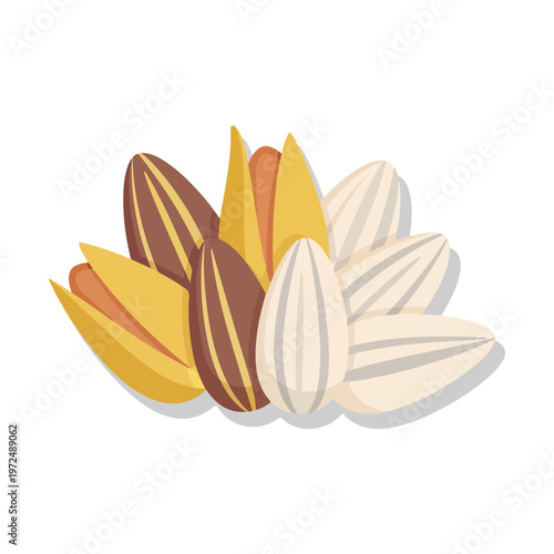 Group of stylized mixed sunflower seeds in different colors and patterns.