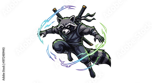 A stealthy raccoon ninja, clad in a dark uniform and armed with katanas, moves swiftly amidst dynamic green and purple energy, ready for martial arts action.