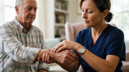 An elderly man and a female nurse are sitting together. The nurse gently holds the man’s hands, offering comfort and support.