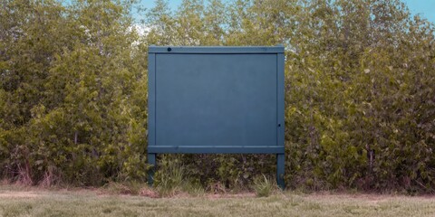 Blank wooden information board standing in a lush green forest park setting, providing a rustic outdoor signage mockup with copy space for natural trail maps