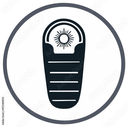 Camping sleeping bag icon with sun symbol inside for outdoor adventures