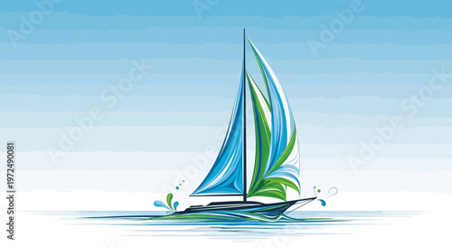 A sailboat with green and blue sails floats calmly on the water against a clear blue sky with a subtle gradient effect.