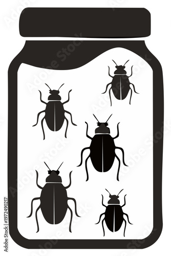 Graphic black silhouette beetles contained within a transparent glass jar for entomology study