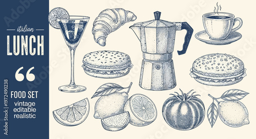 Watercolor lunch illustration croissants coffee and citrus fruits