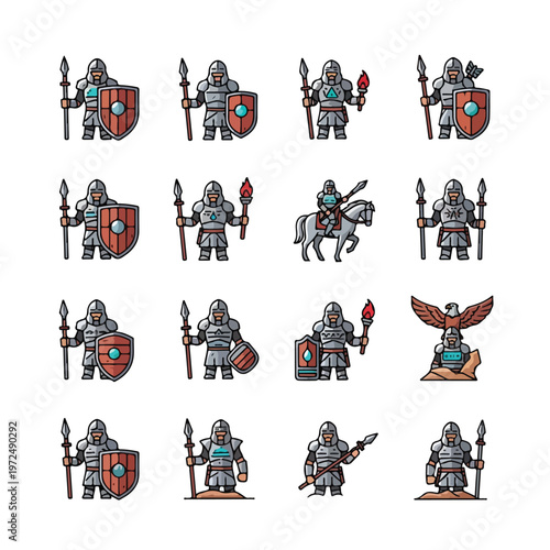 Collection of Medieval Warrior Characters and Knight Icons.