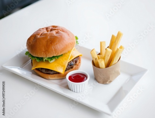 Juicy cheeseburger with golden french fries and ketchup on a white plate