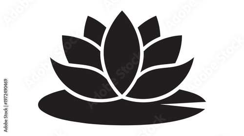 Elegant black silhouette of a blooming lotus flower gracefully resting on a lily pad, symbolizing peace, purity, and natural beauty