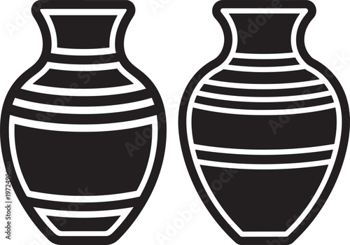 Two stylized black and white vases with decorative horizontal stripes with home decor with flower vase with white background