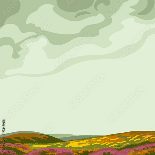 Rolling Scottish highlands covered in purple heather under a moody, overcast sky. 1