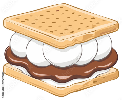 Illustration of a s'more with graham crackers melted marshmallows and chocolate