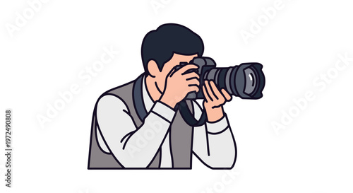 Photographer taking picture with DSLR camera journalism concept flat 2D