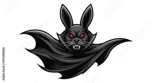 A menacing bat rabbit head, with piercing red eyes, sharp fangs, and large bat wings, embodies a dark and formidable mystical creature, flying with evil intent.