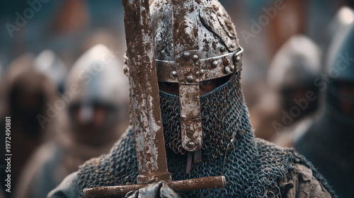 Grundwald Battle Reenactment Festival, Close up portrait of medieval knight in chainmail holding sword during Grunwald battle reenactment festival intense historical warrior expression