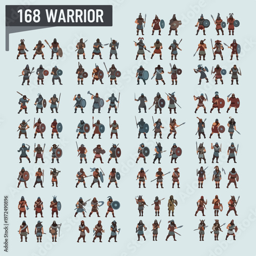 Collection of 168 stylized warrior character sprites for game design.