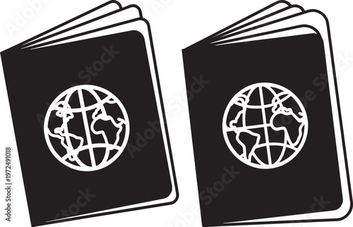 Two open black passports with globe icon with black and white with getting around with travel documents with international travel with travel icons with travel symbols with travel illustration