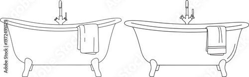 Outline illustration of two vintage bathtubs with towels and faucets with clawfoot tub with line art with plumbing fixture with domestic chores with home decor with bathroom design with bathtub illust