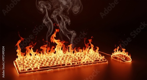 Floating Workspace Concept with Keyboard and Mouse Made of Fire and Glowing Embers