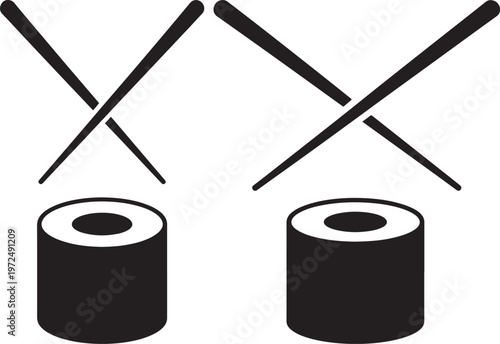 Black and white icon of sushi rolls with chopsticks, isolated on white background, japanese food, asian cuisine, design element, prepared food, eating utensil, food service, raw fish