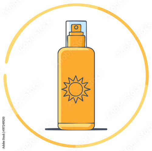 Bottle of sunscreen with sun emblem in yellow circle. Summer skincare concept.