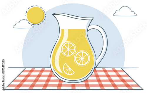 Pitcher filled with fresh lemonade sitting on a checkered picnic blanket under a bright sun and fluffy clouds