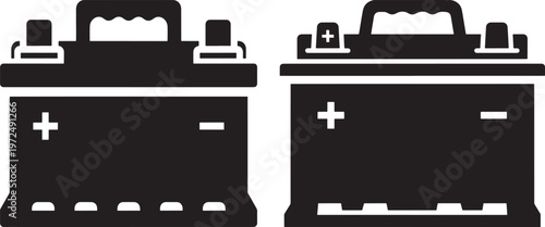 Black and white icon illustration of two car batteries with car battery with vehicle part with power source with power supply with energy storage device with automotive part with automotive industry