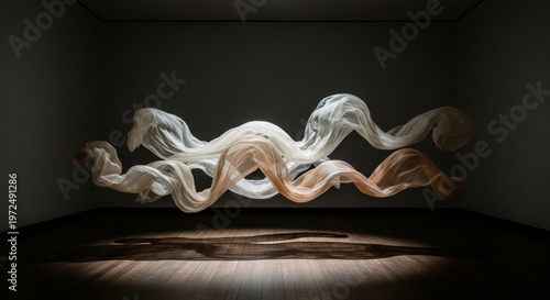 Floating Silk Veils Darkened Room Illuminated by Soft Spotlight Shadows
