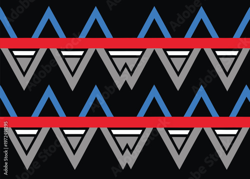 Grey and white chevron shapes are arranged in rows between red horizontal bars and blue V-shaped outlines on a black background.