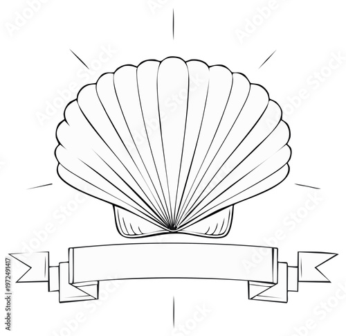 Seashell icon with banner black and white drawing vintage illustration outline design for label, sticker, logo, or print