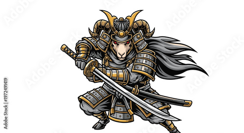 A formidable samurai ram, clad in intricate armor and wielding a traditional katana sword, stands in a powerful stance, embodying ancient warrior spirit.
