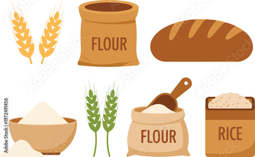 Wheat rice bread and flour products collection with sacks natural food ingredients vector illustration set for cooking