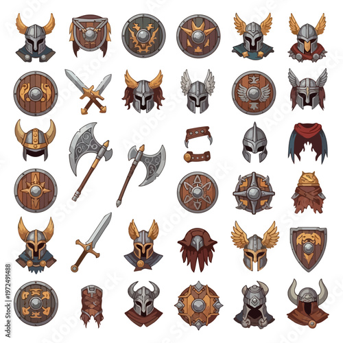Collection of Viking Helmets Shields and Weapons.