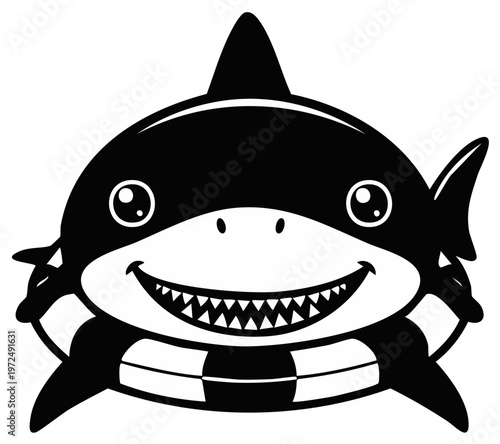 Friendly cartoon shark with life preserver and big smile in monochrome