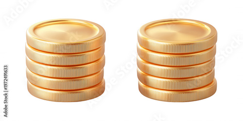 Due pile di monete d'oro lucide, simbolo di ricchezza e successo finanziario, isolate su sfondo bianco, perfette per concetti economici.