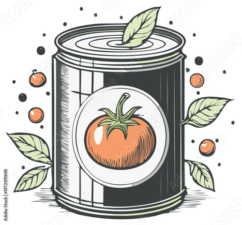 Canned tomatoes with leaf illustration. Vector tomato in a can surrounded by leaves and berries