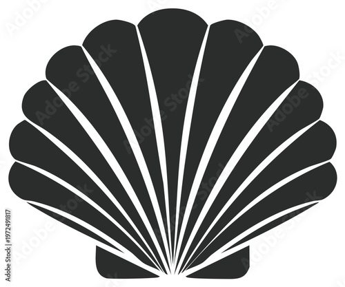 Stylized black scallop shell icon. Simple vector silhouette of a marine seashell.