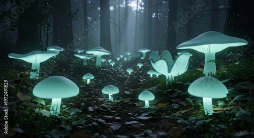 Field of Soft Glowing Mushrooms in a Dark Forest Pulsing with Rhythmic Light