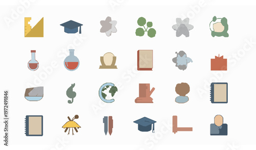 Education Icons Set of School Subjects Flat Vector Illustration Isolated on White Background