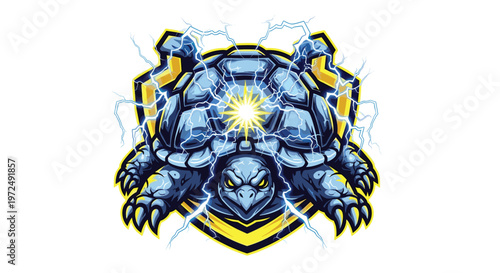 A formidable electric turtle, featuring a glowing shell and dynamic lightning bolts, stands powerfully within a protective shield, radiating immense energy and defense.