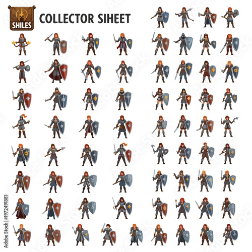 Collection Sheet of Fantasy Miniature Female Warrior Figurines.