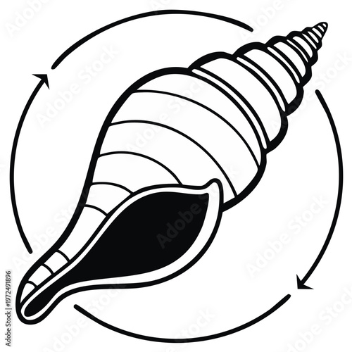 Stylized Seashell within a Circular Arrow Icon Black and White Design