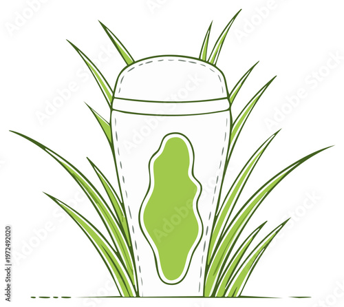 Stylized illustration of a paper coffee cup among long blades of grass design